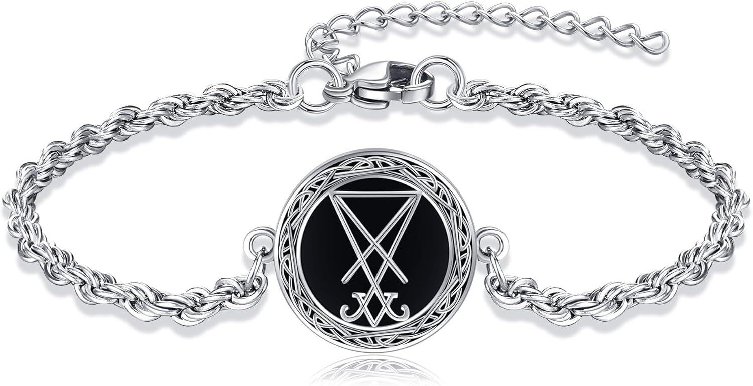  Sterling Silver Viking Compass Thor Hammer Tetragrammaton Satanic Vegvisir Runes Bracelet -Satanic
