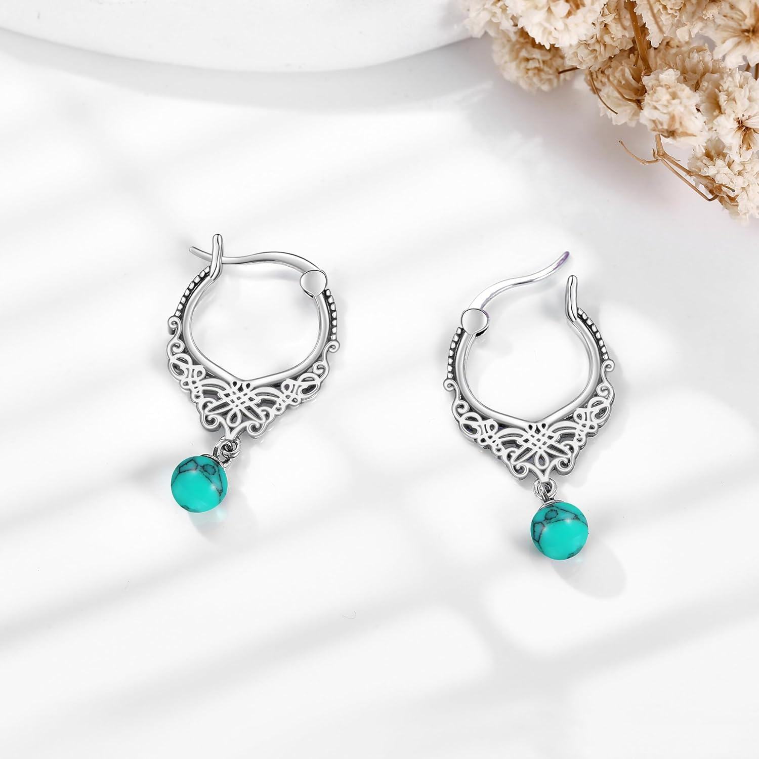 925 Sterling Silver Turquoise Filigree Hoop Earrings-0-3