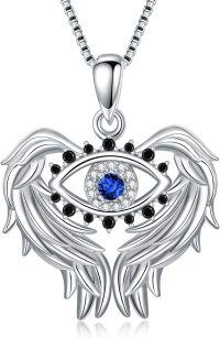 wholesale TOUPOP Evil Eye Necklace For Women Sterling Silver Angel Wings Pendant With September Birthstone Blue Sapphire Amulet Jewelry Gifts For Her -undefined