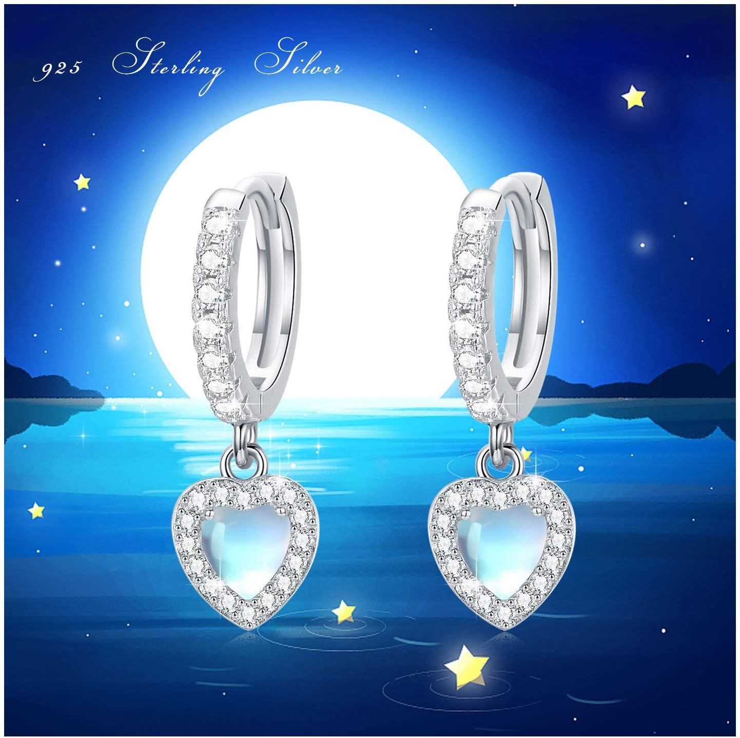 925 Sterling Silver Heart-Shaped Moonstone & Cubic Zirconia Huggie Hoops with Blue Stone Drops for Women Girls  4cm Long-0-4
