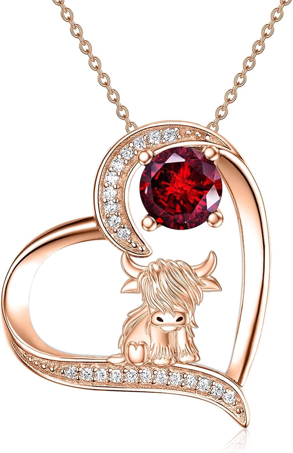 Sterling Silver Highland Cow Birthstone Necklace Jewelry Gifts for Women Girls-2-01--2-01-
