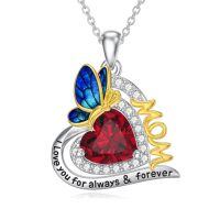 wholesale 925 Sterling Silver Mom Butterfly Heart Pendant Necklace With Red Zircon Two Tone Plating-02-butterfly