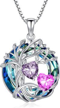 wholesale 18K White Gold Filled Sterling Silver Family Tree Pendant with 2 Heart Birthstones Blue Austrian Crystal Necklace for Women-02-10-Feb-Oct Birthstone
