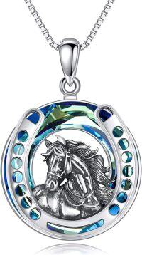 wholesale 925 Sterling Silver Blue Crystal Horseshoe Horse Head Pendant Necklace for Women Girls  43cm Chain Length-Horse Necklace