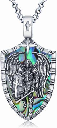 wholesale Stainless Steel Sterling Silver Saint Religious Necklace for Men Women-A-St Michael Necklace Shield Charm(Abalone Shell)