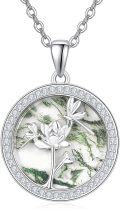 wholesale 925 Sterling Silver Round Green Moss Agate Lotus Flower and Dragonfly Pendant Necklace for Women-0-0