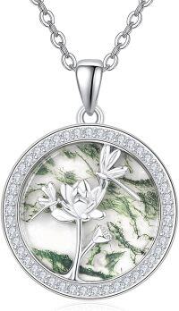 wholesale 925 Sterling Silver Round Green Moss Agate Lotus Flower and Dragonfly Pendant Necklace for Women-Dragongfly