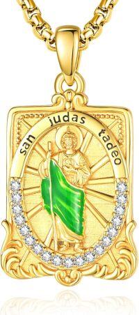 wholesale Gold Plated 925 Sterling Silver St. Jude Pendant Necklace with Green Enamel and Cubic Zirconia Stones on -St-Jude-2