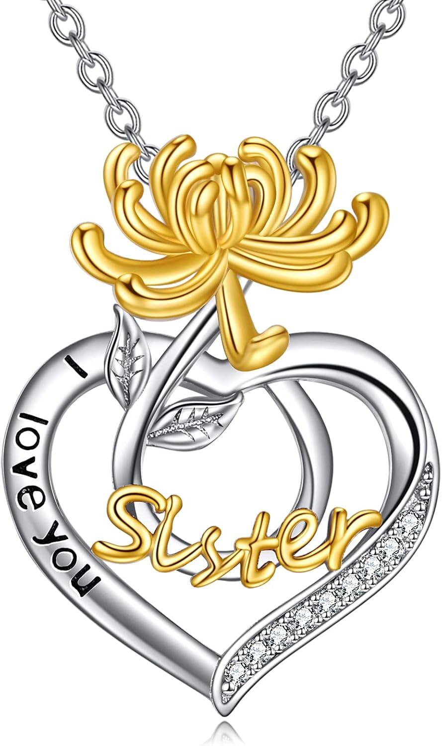  Sterling Silver Birth Flower Sister Necklace I Love You Sister Pendant Fashion Jewelry Gift for Women -11-November-Chrysanthemum