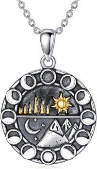 wholesale 925 Sterling Silver Natural Stone Sun Moon Mountain Clouds North Star Saturn Airplane Pendant Necklace-09-Mountain Moon Phase Necklace