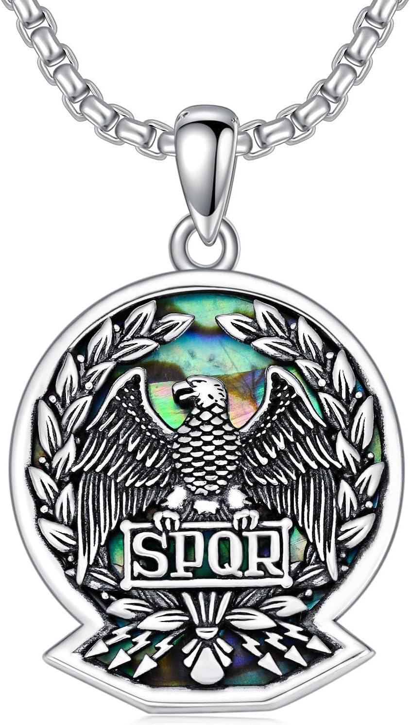 925 Sterling Silver Roman Eagle SPQR Pendant Necklace with Abalone Shell and Laurel Wreath Design for Men & Women-0-0