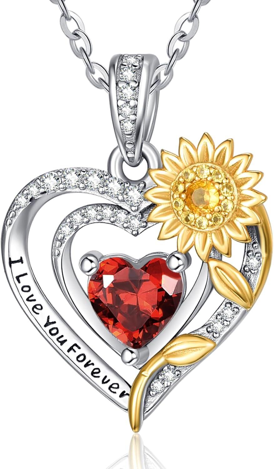 Sterling Silver Sunflower Birthstone Pendant Necklace for Women-01-Jan