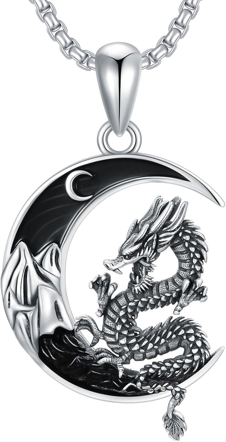  Sterling Silver Black Moon Mountain Pendant Goth Jewelry for Men Women -Dragon