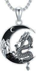 wholesale 925 Sterling Silver Dragon on Crescent Moon Gothic Necklace for Men & Women-0-0