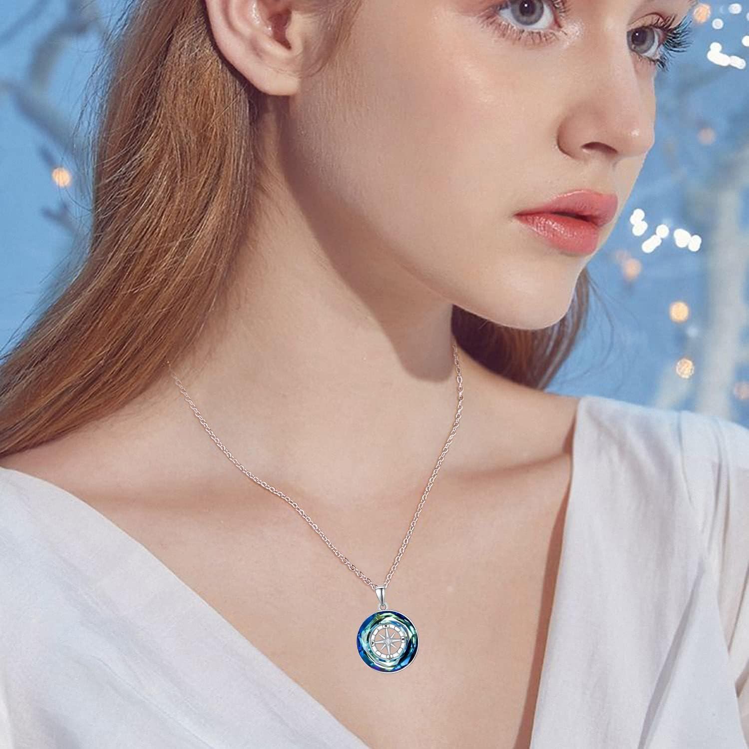 wholesale 925 Sterling Silver Blue Crystal Nautical Compass Pendant Necklace for Women's s-0-1