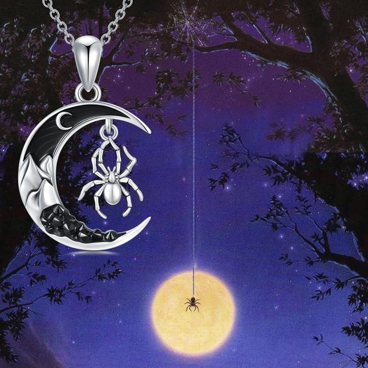 925 Sterling Silver Crescent Moon & Spider Necklace Pendant for Women Girls Gifts Jewelry Accessories 48cm Chain Length-0-5