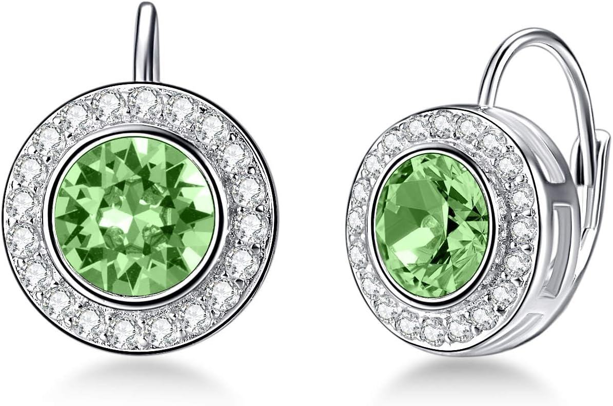 Sterling Silver Austria Crystal Halo Leverback Earrings Birthday Gifts for Women-Perdiot Green
