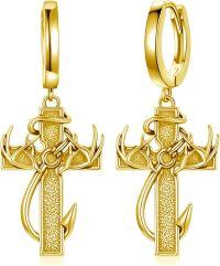 wholesale Gold 925 Sterling Silver Antler Anchor Cross Hoop Earrings for Men-1-Gold