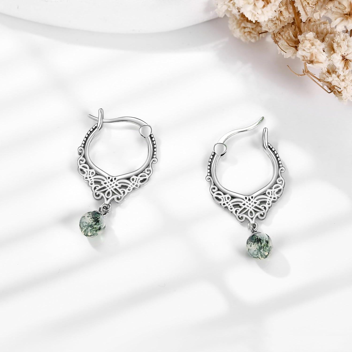 wholesale 925 Sterling Silver Green Moss Agate & Carved Butterfly Design Dangle Drop Earrings for Women Girls  4cm Long-0-3