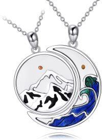 wholesale 925 Sterling Silver Mountain Ocean Wave Couples Pendant Necklaces for Women Men Lover Gift Set-B-Mustard Seed