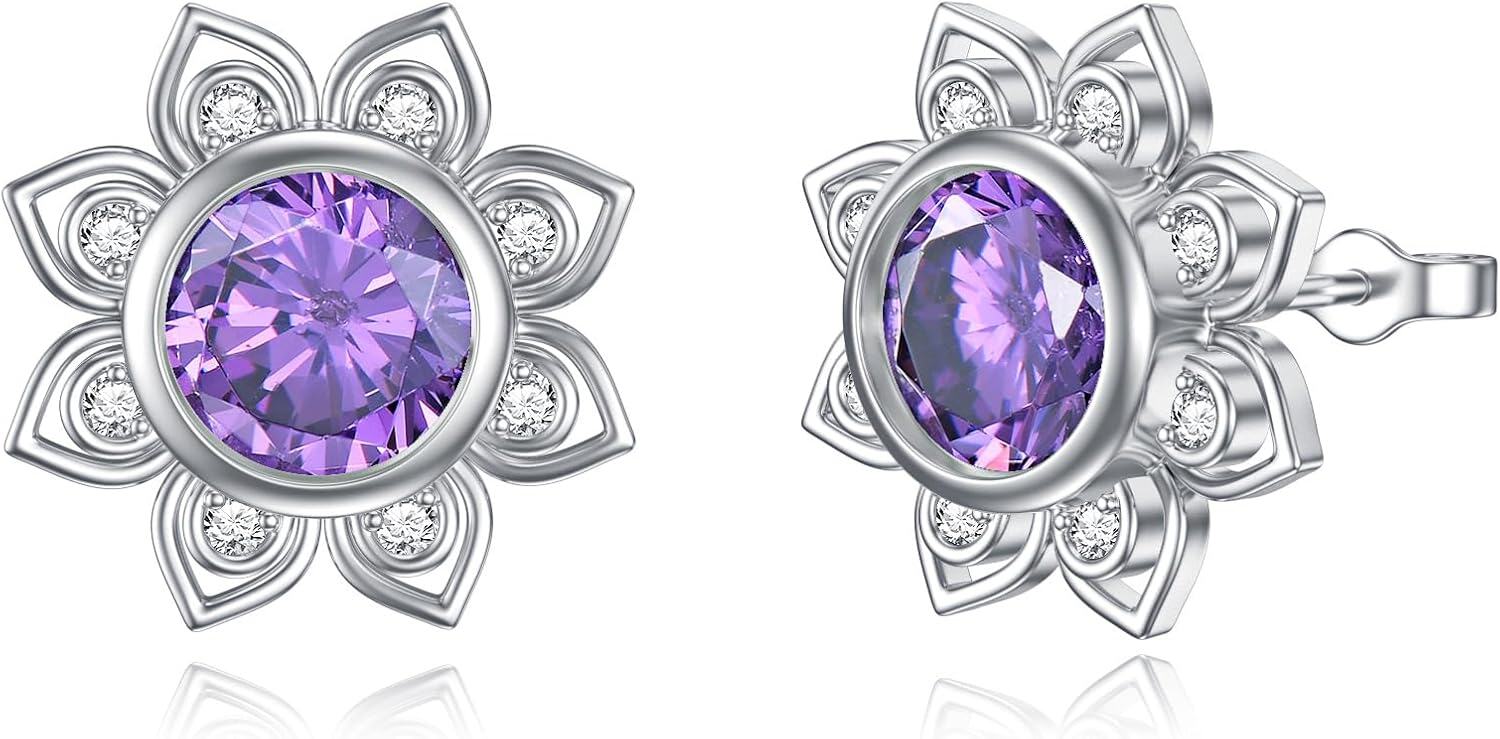 Sterling Silver Amethyst Flower Stud Earrings for Women Girls Mum Gifts-0-0