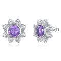 wholesale 925 Sterling Silver Platinum Plated Purple Amethyst Flower Stud Earrings-0-0