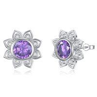 wholesale 925 Sterling Silver Platinum Plated Purple Amethyst Flower Stud Earrings-lotus-2