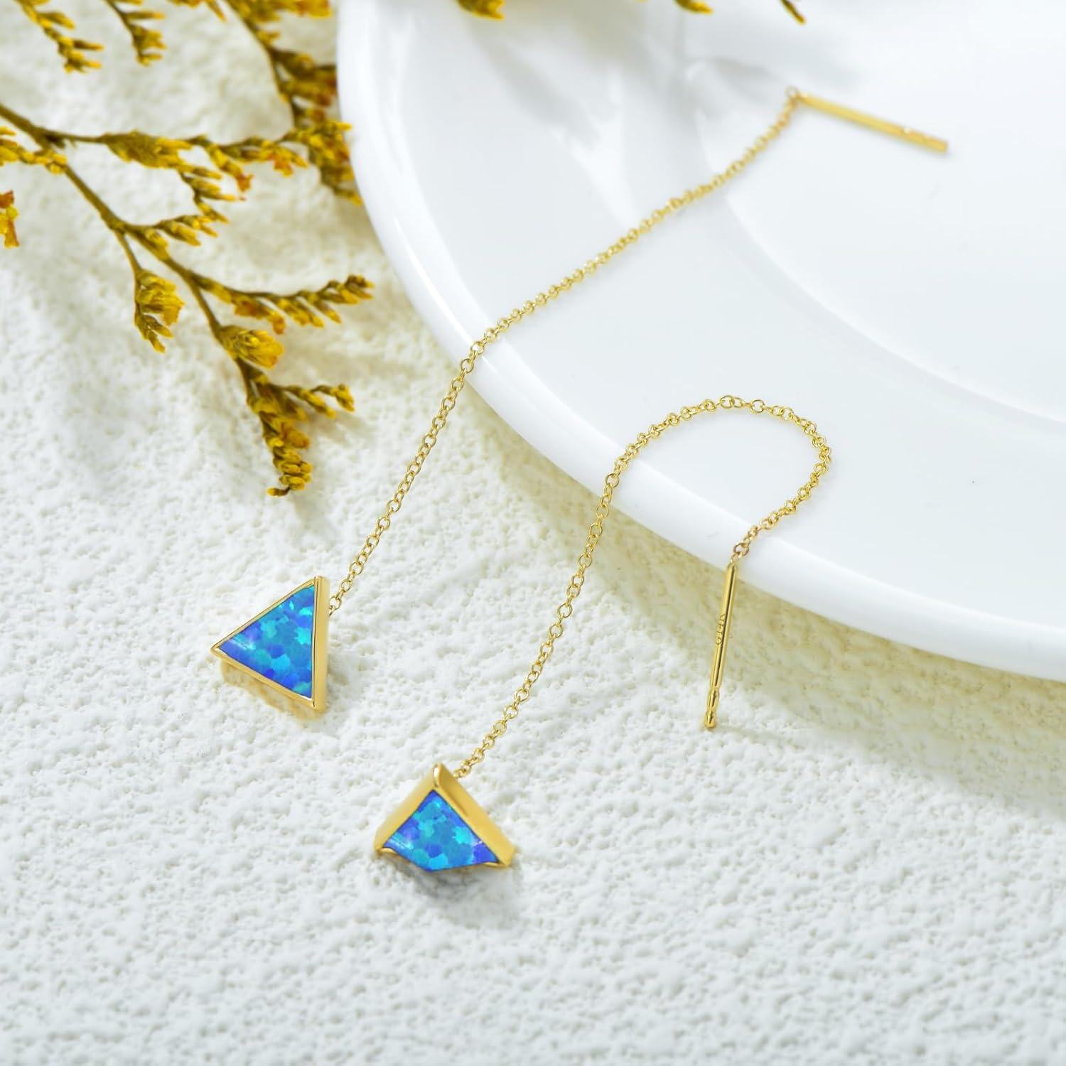 14K Gold Blue Opal Triangle Threader Earrings-0-3