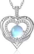 wholesale S925 Sterling Silver 18K White Gold Plated Moonstone & Birthstone Pendant Necklace - Romantic I Love You Always Forever Engraved Jewelry Gift for Women-0-0