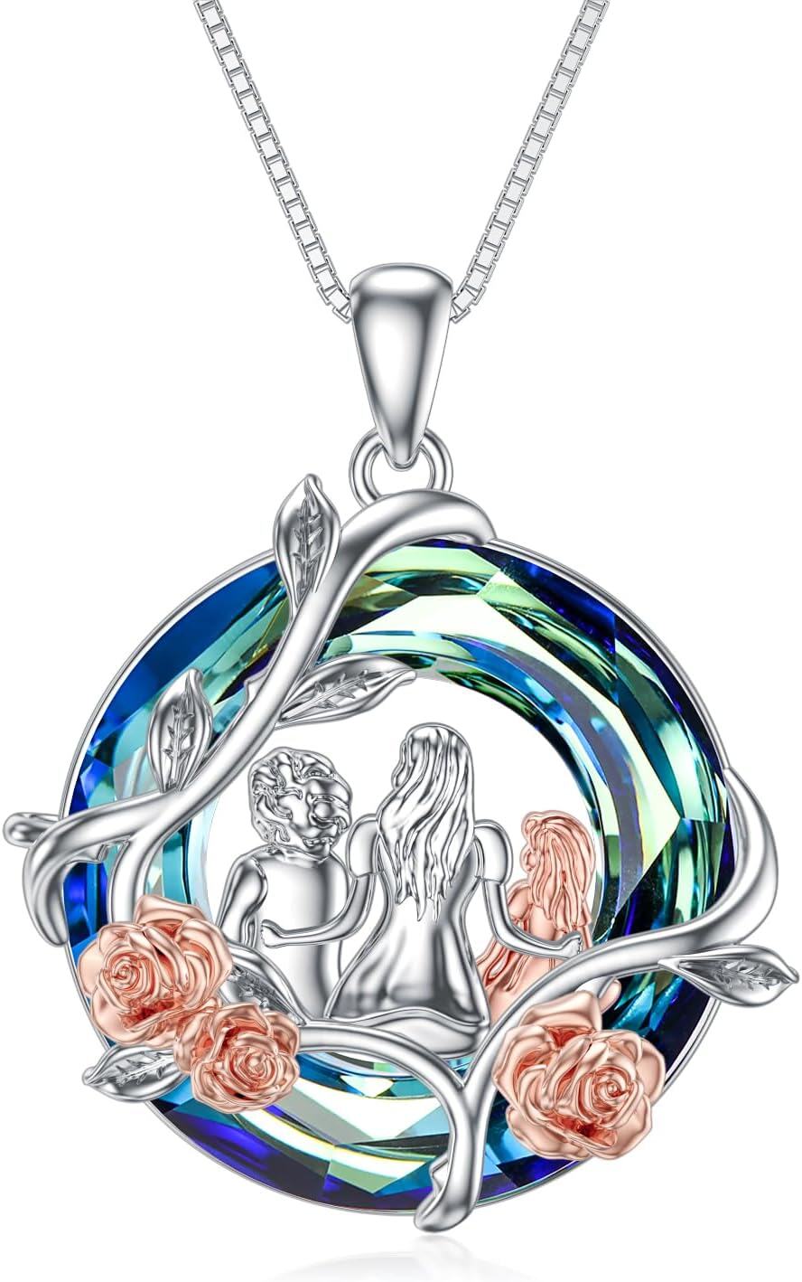Sterling Silver Blue Crystal Mother and Children Rose Flower Necklace Gift for Mom-A-Mother Grandma Daughter