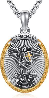 wholesale 925 Sterling Silver St Michael Archangel Medal Necklace Pendant with Dragon and Shield Design for Men Women-11i-St Michael-Two Tone-11i-St Michael-Two Tone