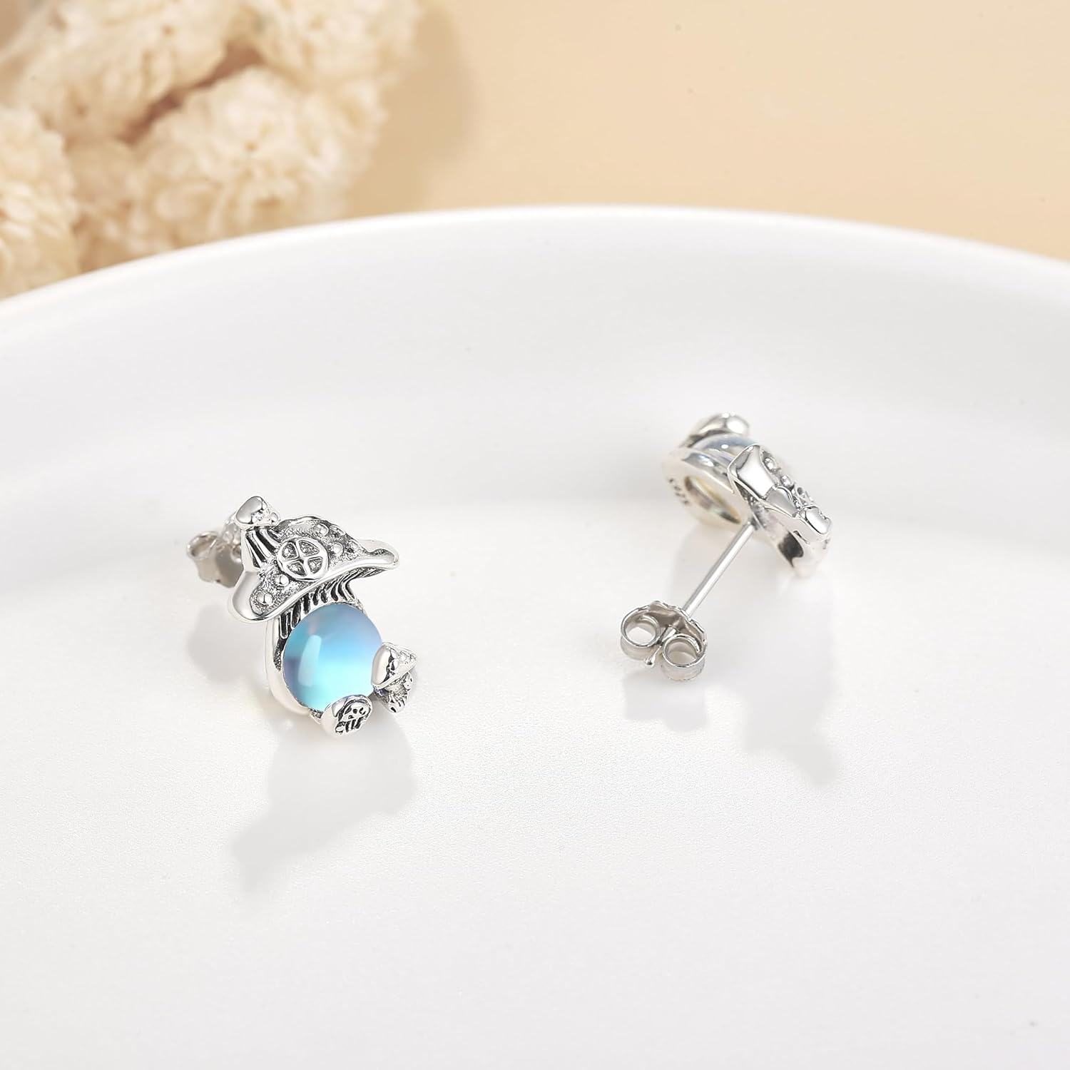  Silver Mushroom Stud Earrings with Moonstone Moss Agate Turquoise Mother s Day Gifts -0-3