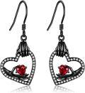 wholesale Black 925 Sterling Silver Heart with Red Stone and Skeleton Hands Dangle Earrings - Gothic Valentine's Day Gift for Her-0-0