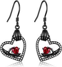 wholesale Black 925 Sterling Silver Heart with Red Stone and Skeleton Hands Dangle Earrings - Gothic Valentine's Day Gift for Her-Heart