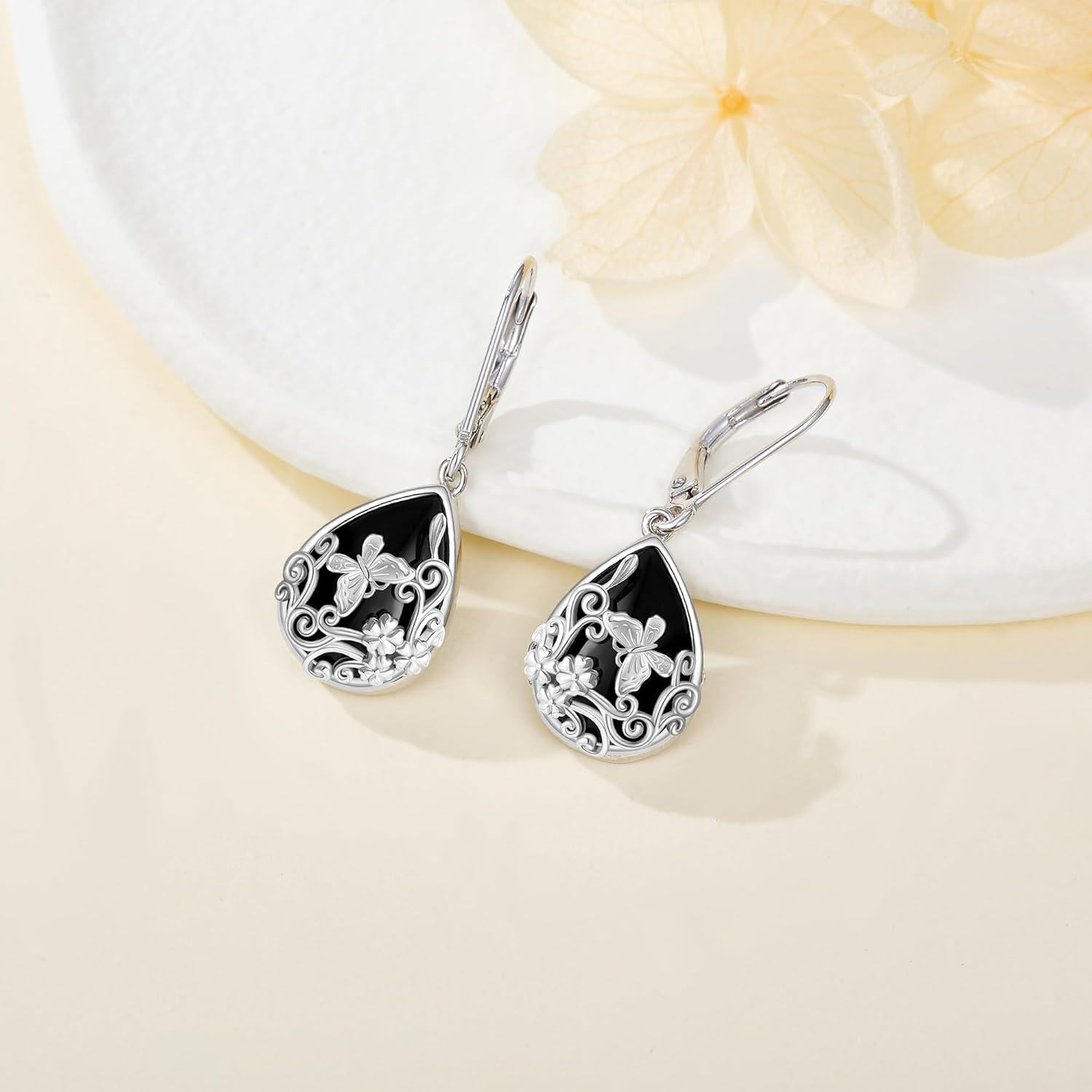 wholesale 925 Sterling Silver Butterfly & Flower Design Teardrop Black Onyx Leverback Earrings for Women Gifts-0-2