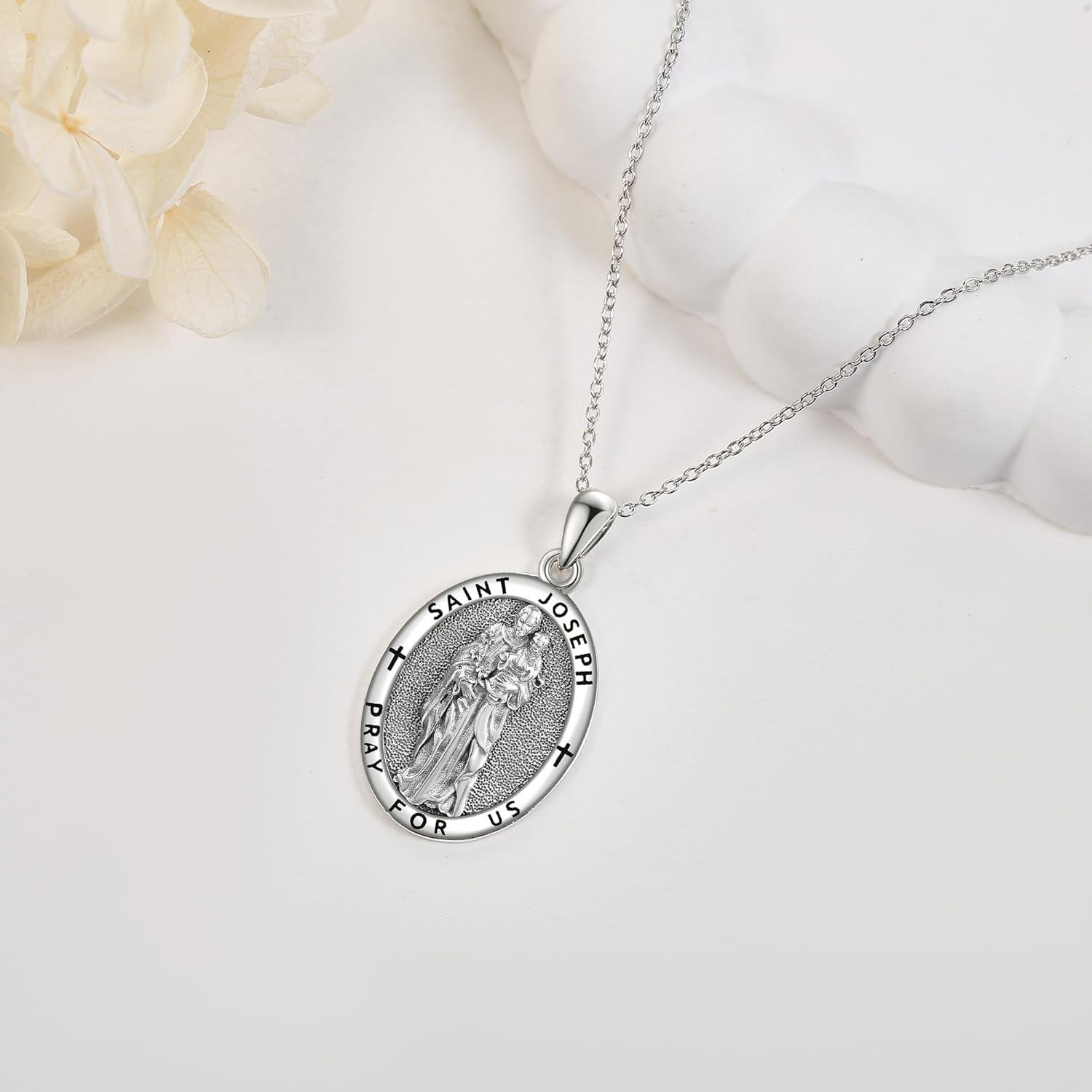 925 Sterling Silver Religious St Joseph Medal Necklace Protection Gift for Men & Women-0-3
