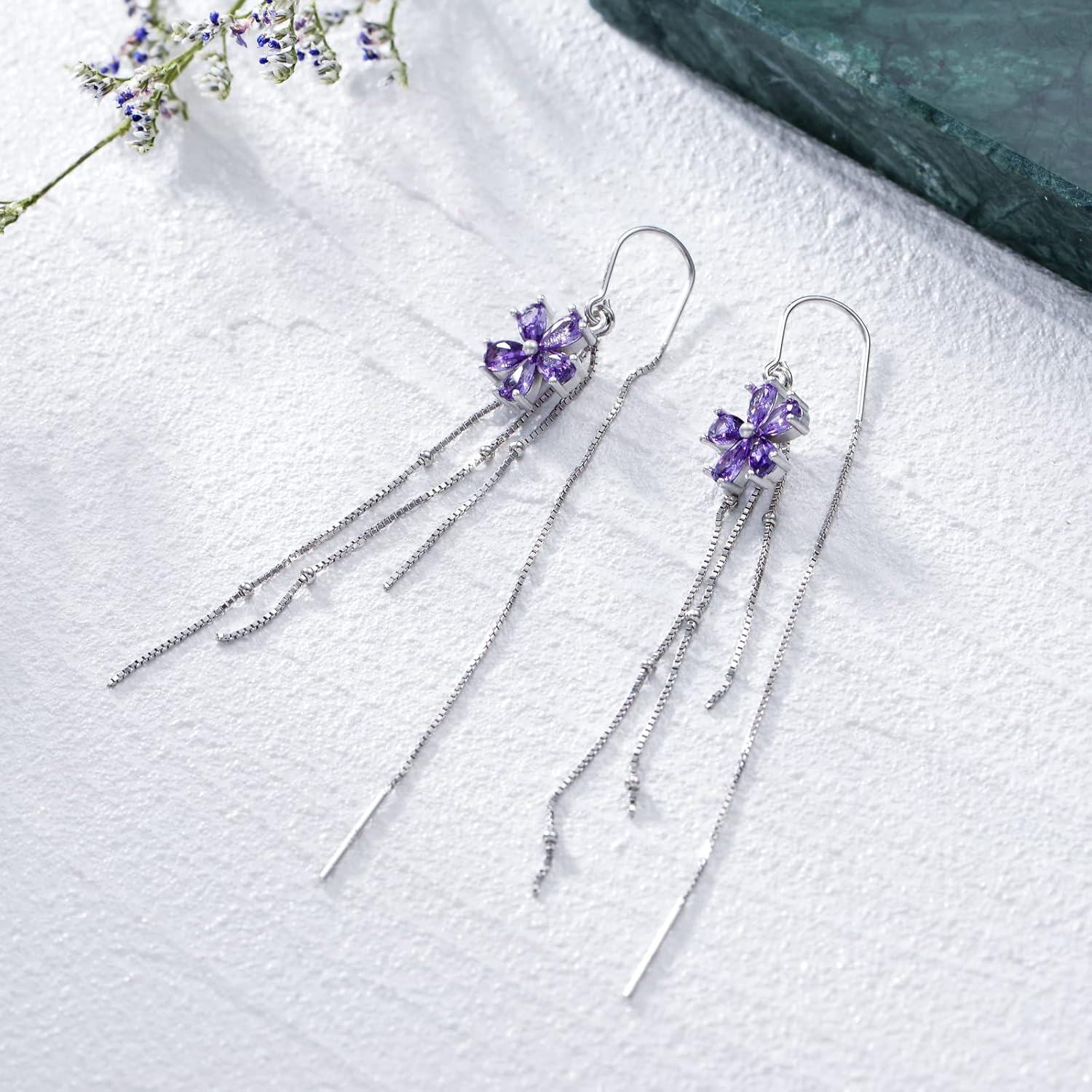 925 Sterling Silver Cubic Zirconia Drop Earrings w/Flower & Butterfly Charm-0-3
