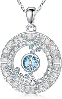 wholesale Sterling Silver White Gold Plated Zodiac Necklace with Birthstone for Women-Pisces&Aquamarine&02.19-03.20