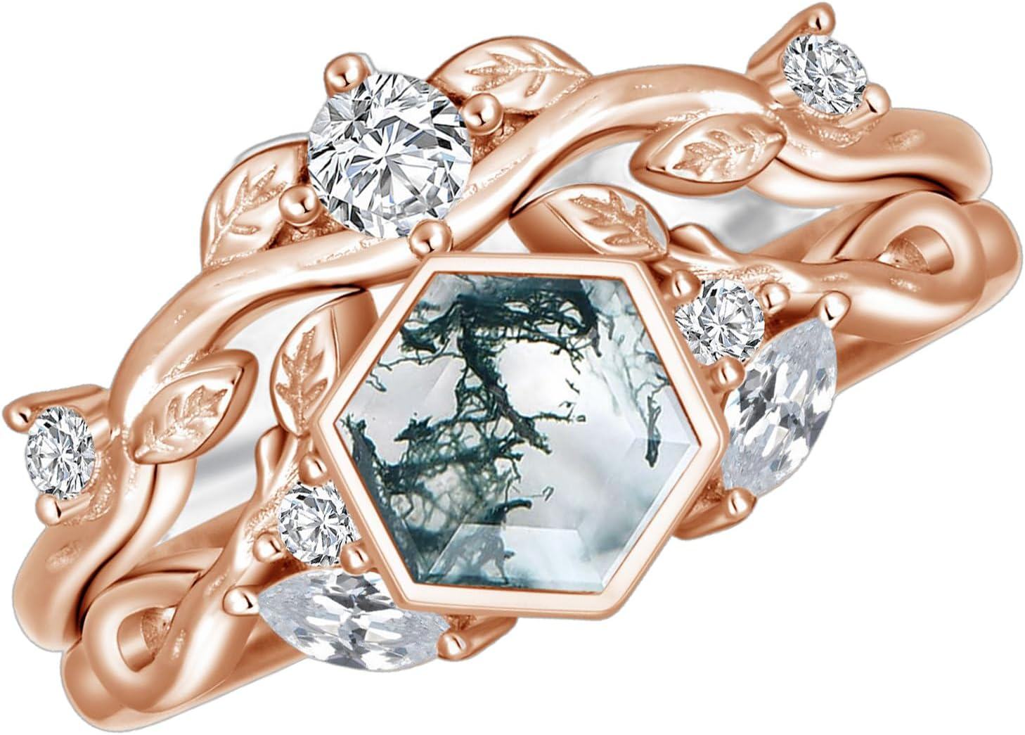 Sterling Silver Moss Agate Leaf Rings Set 1ct Green Moss Agate Engagement Anniversary Rings for Women-9 Rose Gold # 3