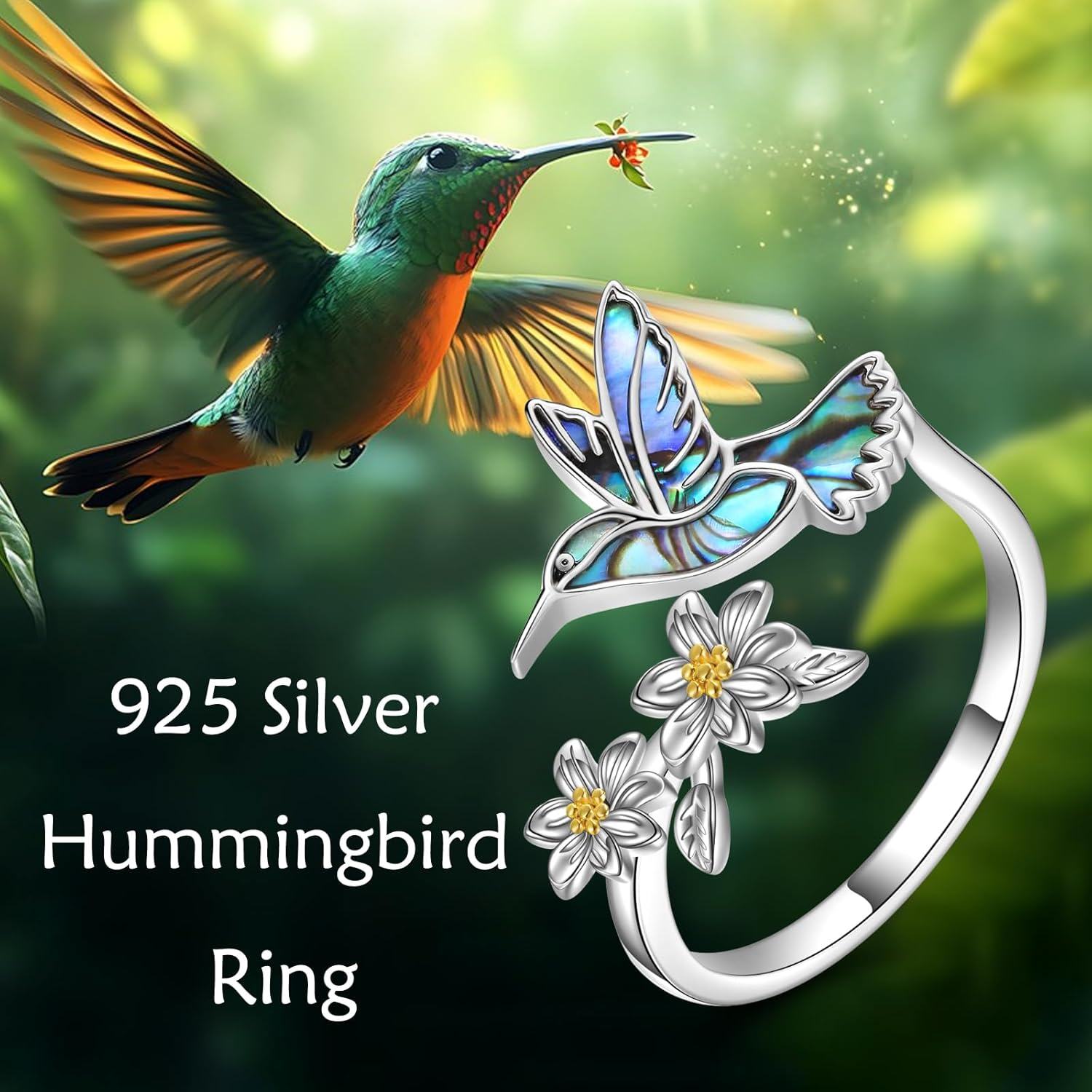 925 Sterling Silver Abalone Shell Hummingbird & Flowers Adjustable Open Ring for Women Girls Gifts Jewelry Accessories-0-4