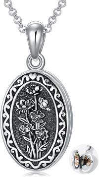 wholesale Sterling Silver 12 Month Birth Flower Photo Locket Necklace Jewelry Gift -10-October-marigold-p-10-October-marigold-2.text customized-1.no custom-10-October-marigold-text-3.photo&text customized