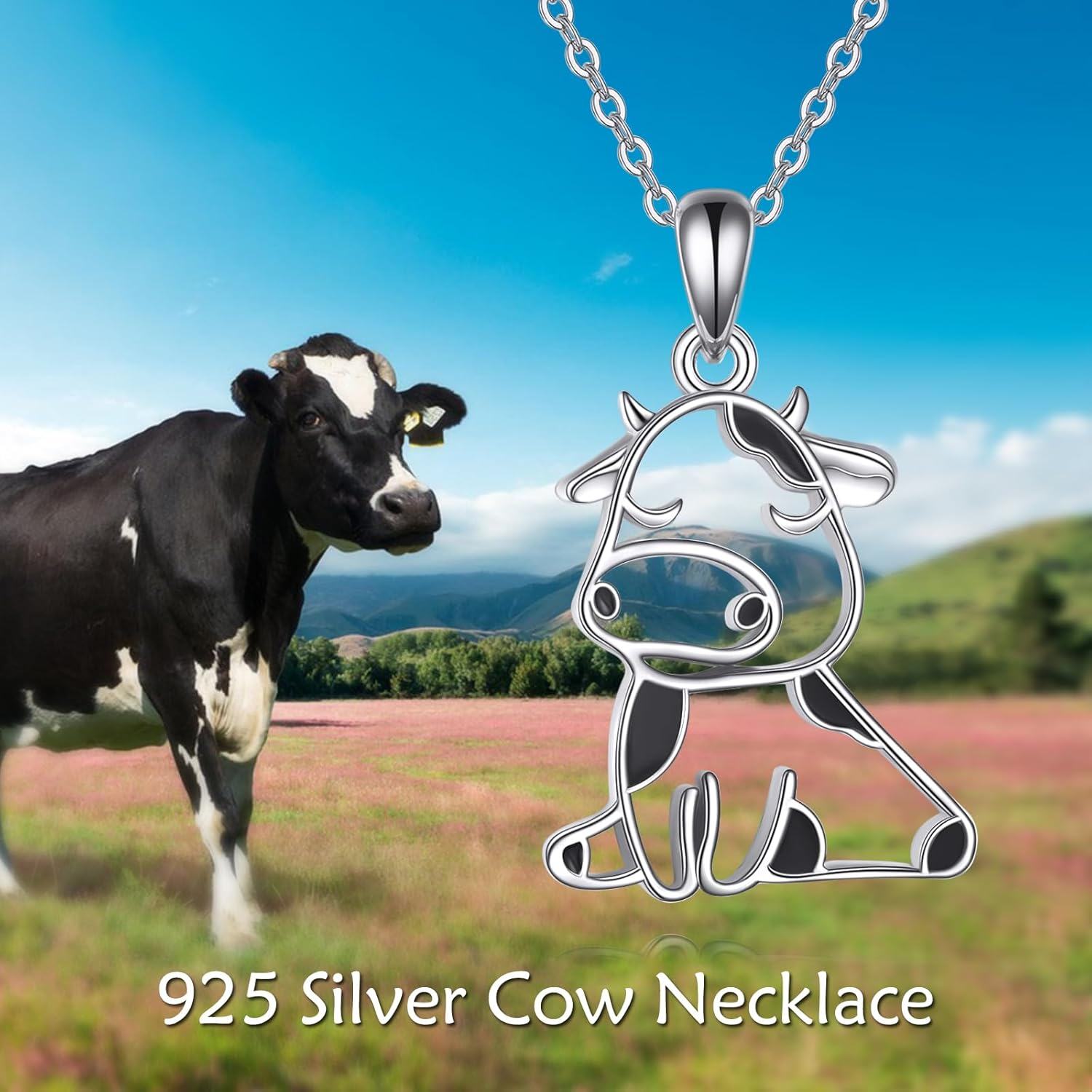Sterling Silver Stone Cute Highland Cow Pendant Necklace for Women-0-4