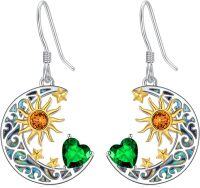 wholesale 925 Sterling Silver Heart Birthstone Sun Moon Dangle Drop Earrings for Women Mom-Emerald May