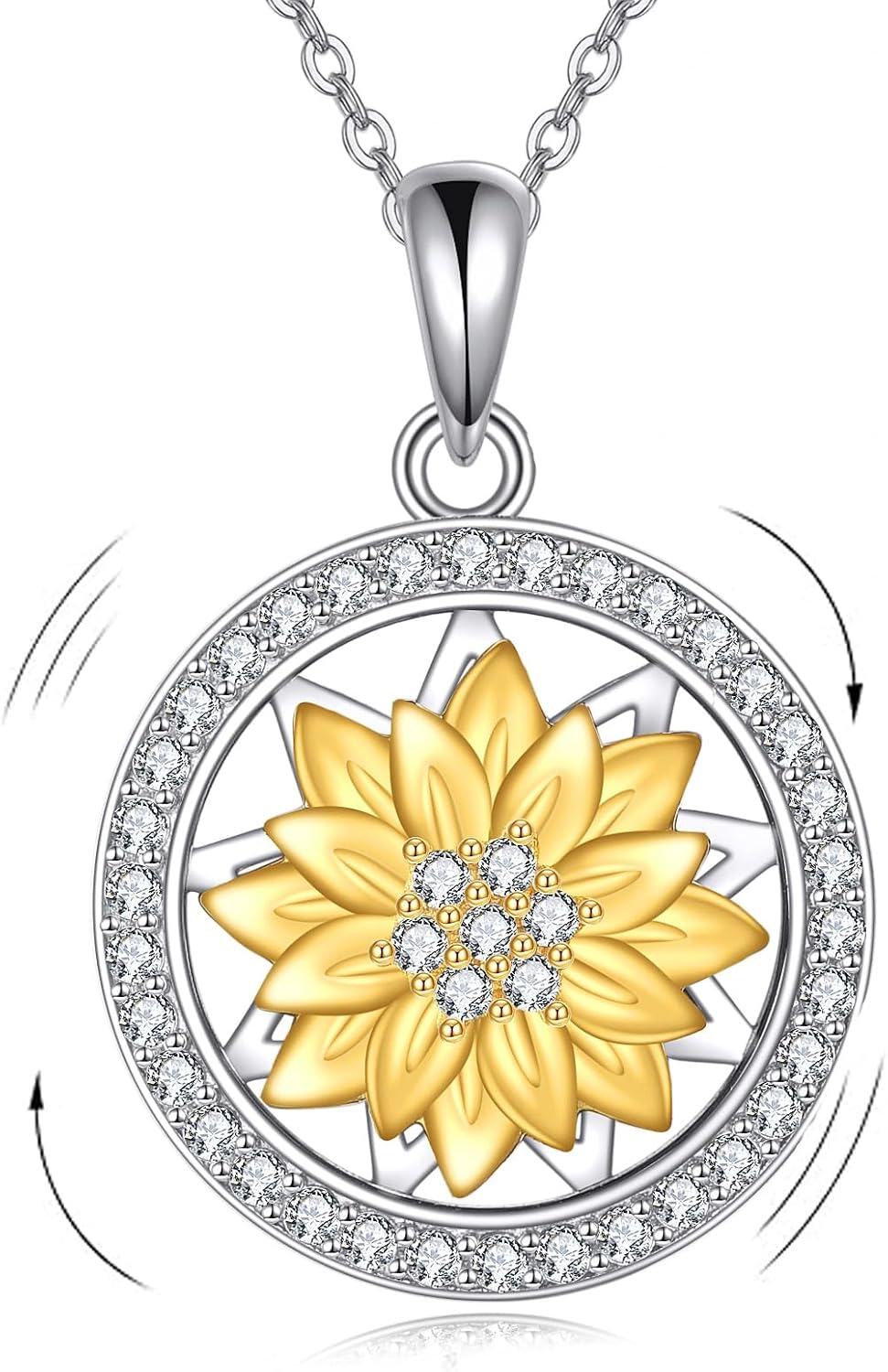 Sterling Silver Round Spinning Daisy Sunflower Pendant Necklace for Women-Sunflower