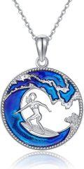 wholesale 925 Sterling Silver Surfer Girl Pendant Necklaces Blue Enamel Ocean Wave Charm Jewelry for Women Girls Teenagers-0-0