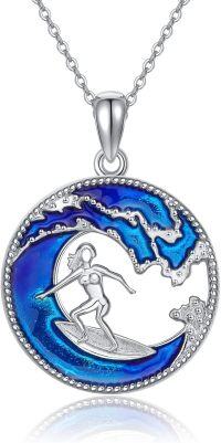 wholesale 925 Sterling Silver Surfer Girl Pendant Necklaces Blue Enamel Ocean Wave Charm Jewelry for Women Girls Teenagers-Women