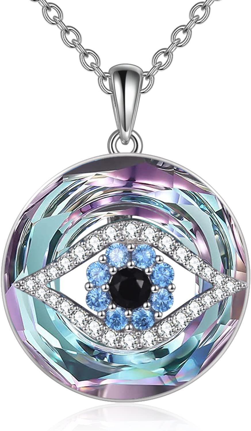 Sterling Silver Crystal Evil Eye Necklace Pendant for Women Protection Good Luck Gift-A-Purple crystal