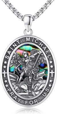 wholesale 925 Sterling Silver Saint Michael Prayer Medal with Abalone Shell and Pearl Pendant Necklace for Men Women Boys Girls  36 Chain Length-Abalone