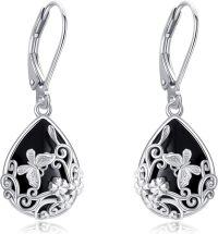 wholesale 925 Sterling Silver Butterfly & Flower Design Teardrop Black Onyx Leverback Earrings for Women Gifts-Butterfly