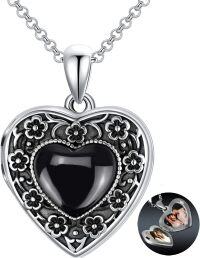 wholesale Sterling Silver Flower Heart Locket Necklace w Picture Always in My Heart-Cherry Blossoms-Obsidian